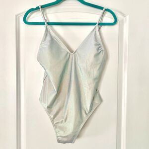Iridescent One Piece Bathing Suit Swimsuit in Silver Ribbed - Size Large